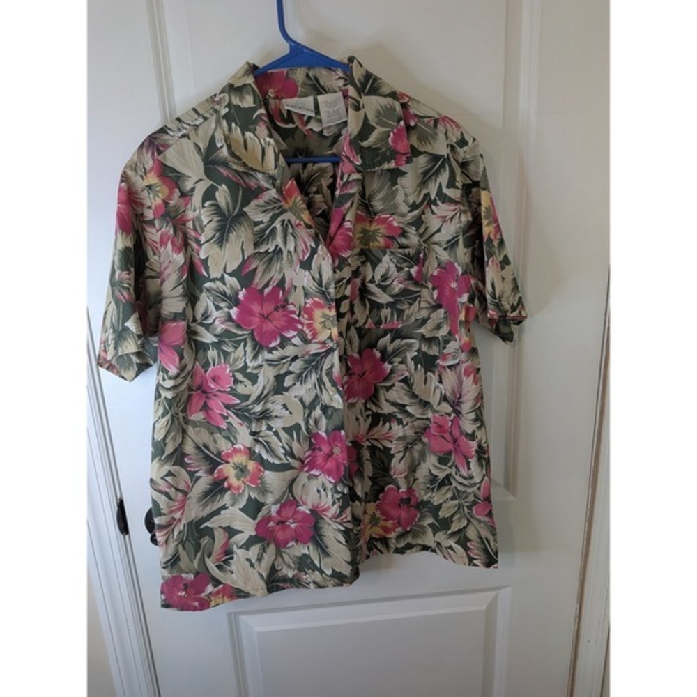 Bobbie Brooks Womens Large Floral‎ Tropical Button Down Shirt Green Pink